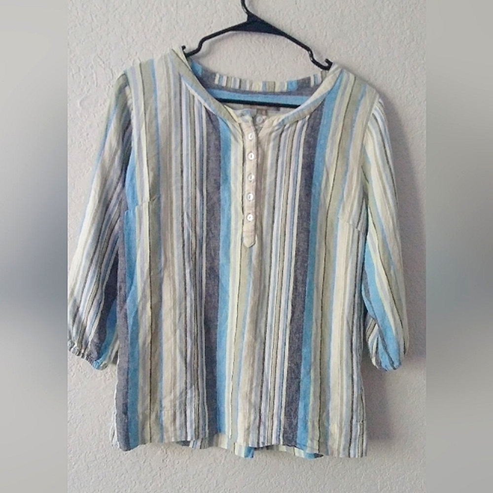 Linen Blouse Womens Small Stripe Henley Top Shirt Coastal Beachy Vacation